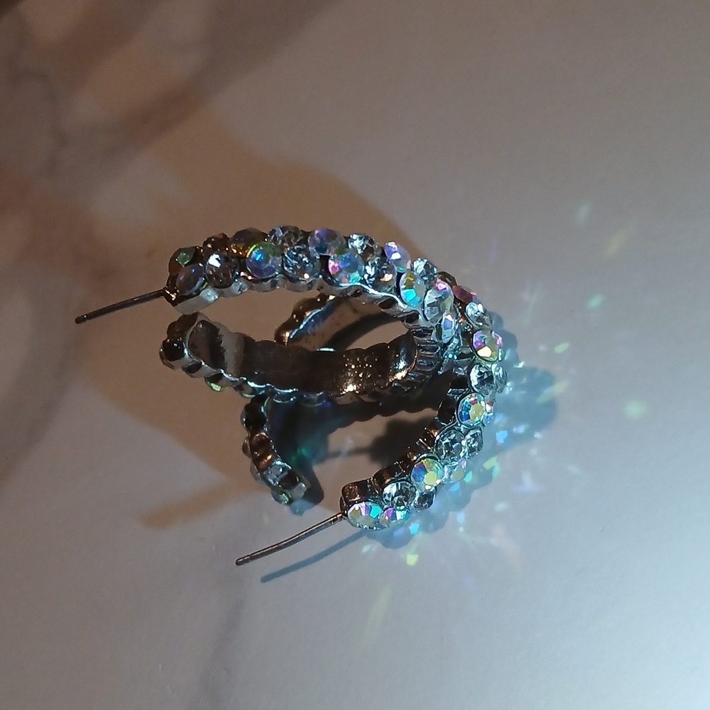 Iridescent Aurora Borealis Hoops Silver Tone Sparklers